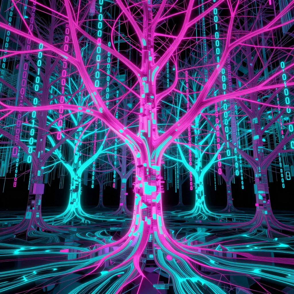 glitch art lattice forest neon cyan algorithmic