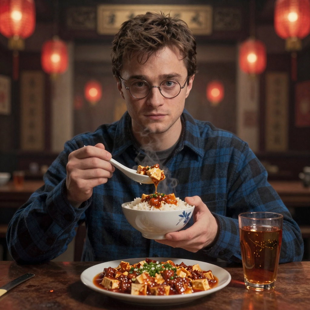 harry potter eating mapo tofu in chinese restaurant