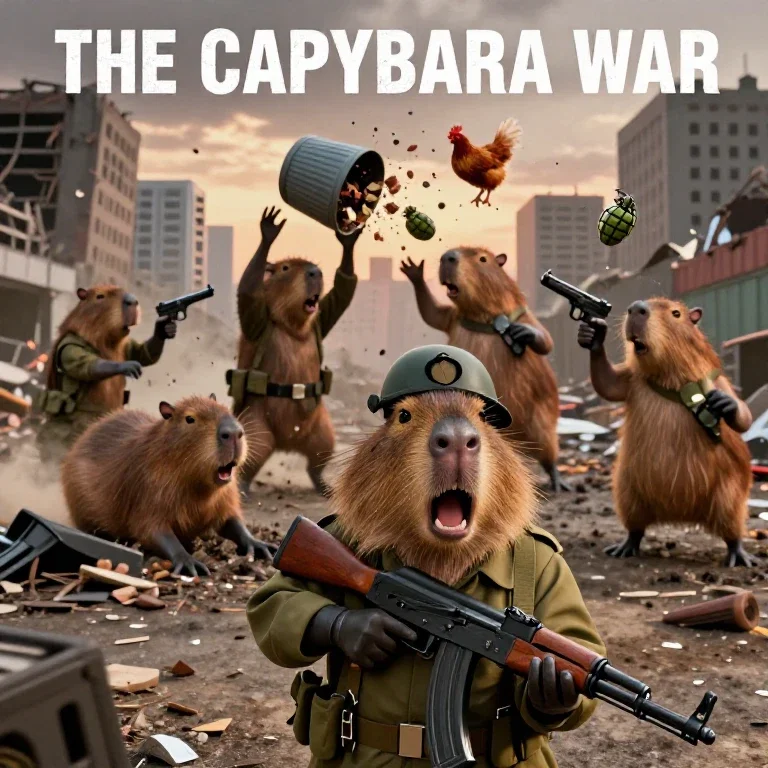 angry capybaras fighting in ruined city