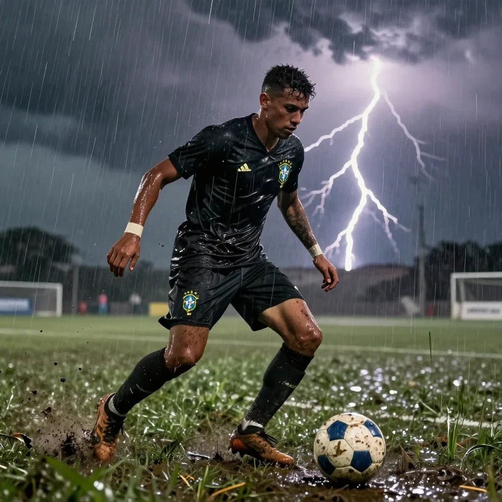 brazilian soccer player in stormy downpour