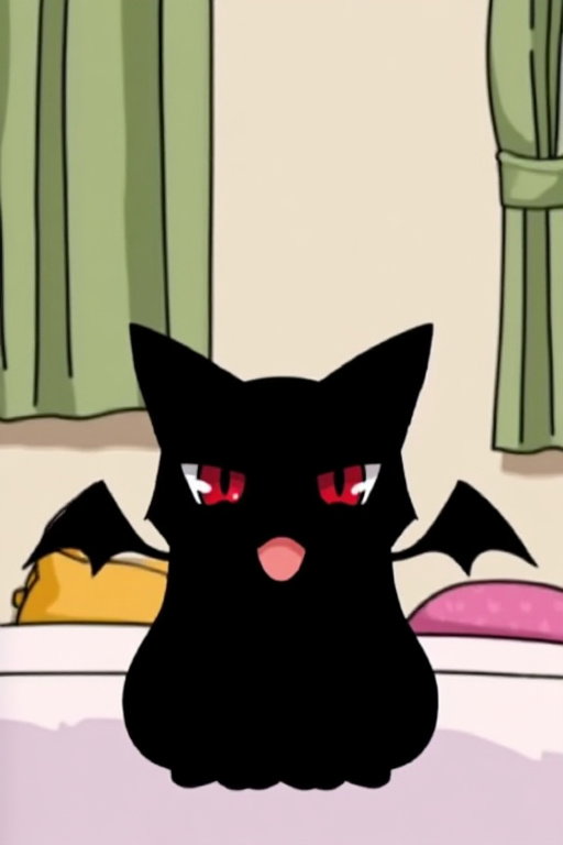 anime style deformed black cat sitting on bed