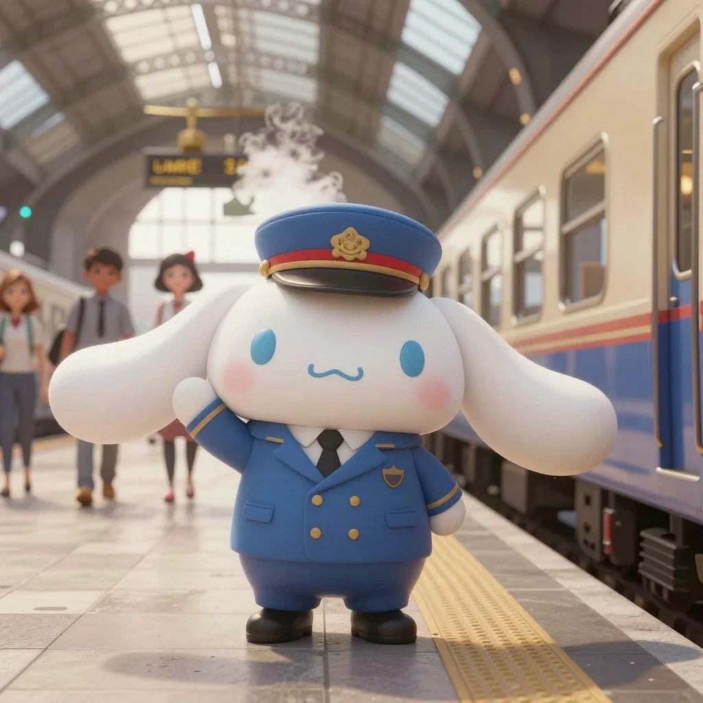 cinnamoroll train conductor retro futuristic station