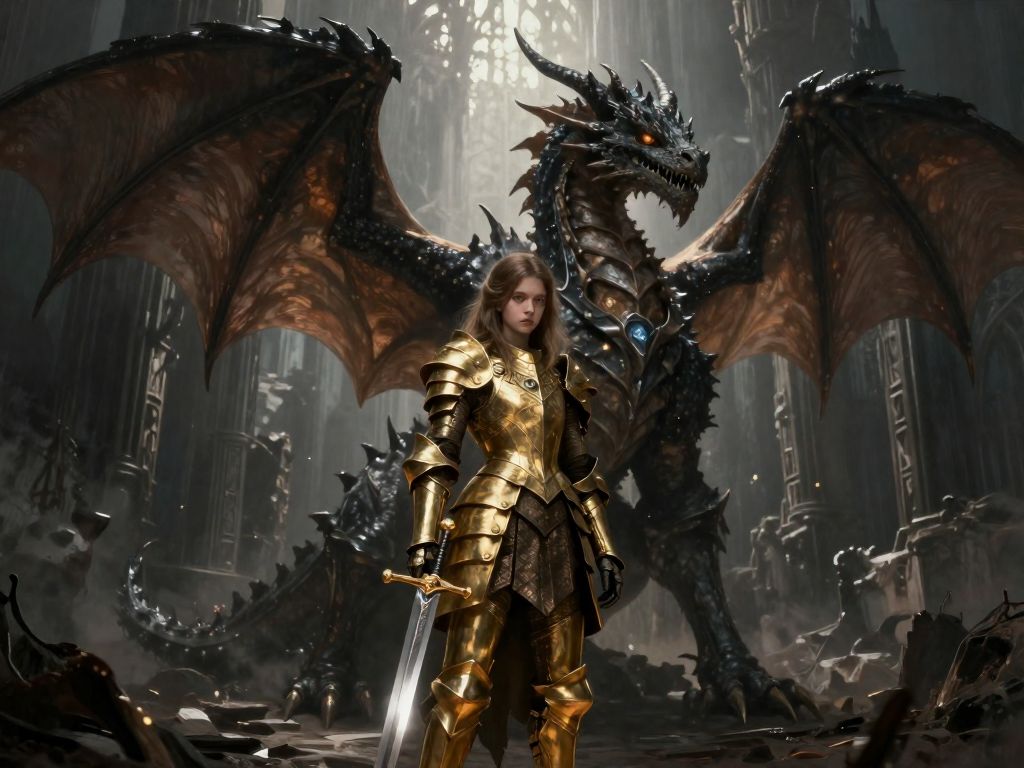 solemn armored girl with dragon in ruins