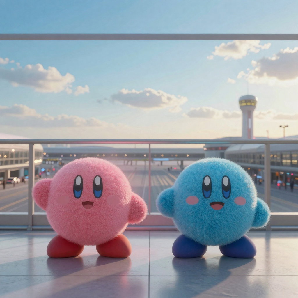 pink blue kirby futuristic airport morning light