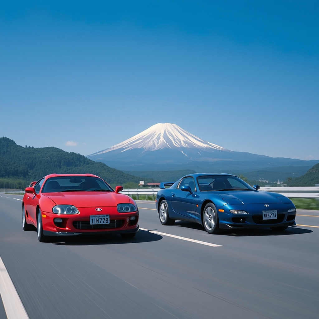 crimson toyota supra azure mazda rx 7 mount fuji backdrop
