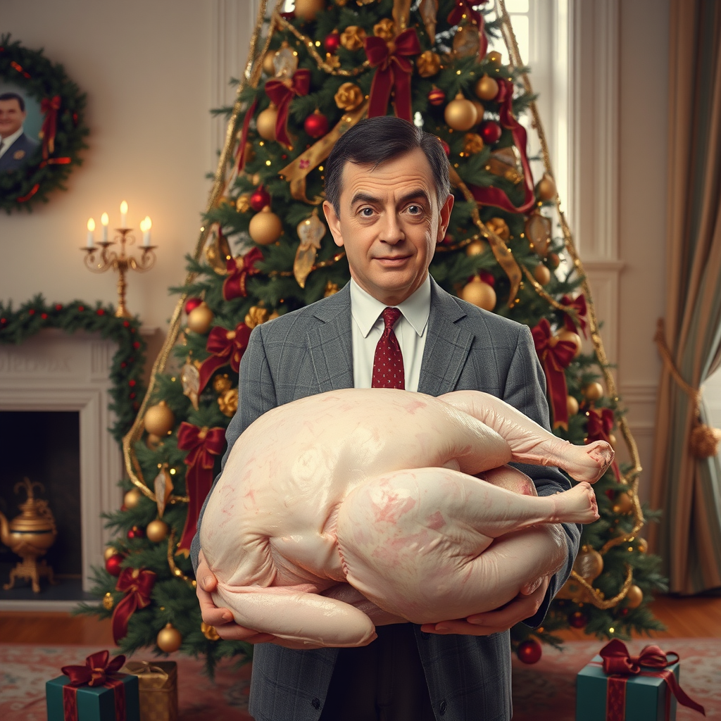 rowan atkinson mr bean bewildered holding turkey christmas