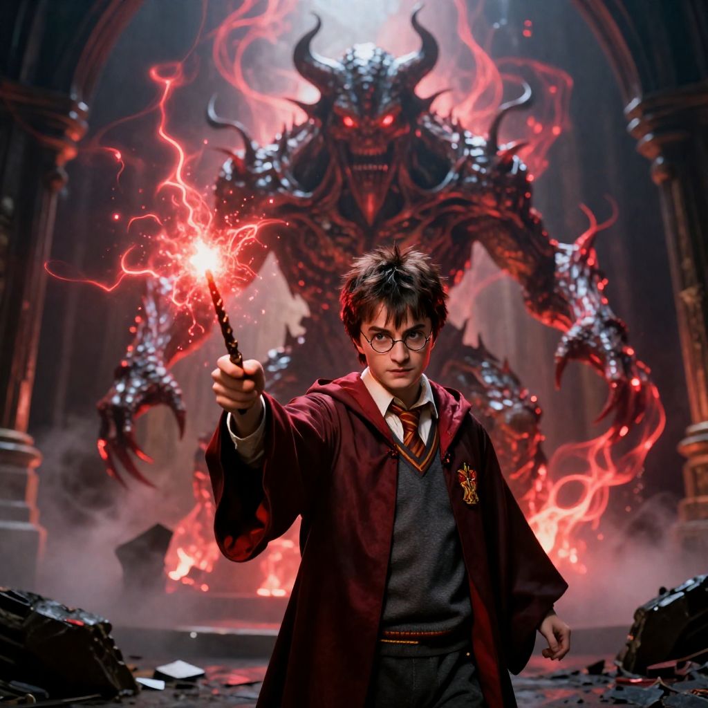 harry potter casts spell against monster