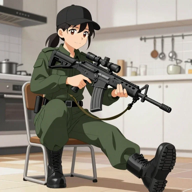anime girl military outfit kitchen rifle