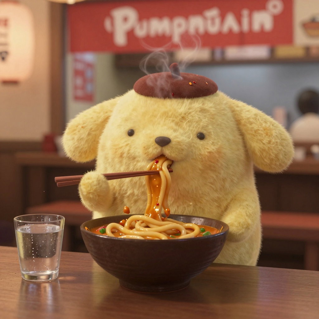 pompompurin slurping spicy curry udon noodles