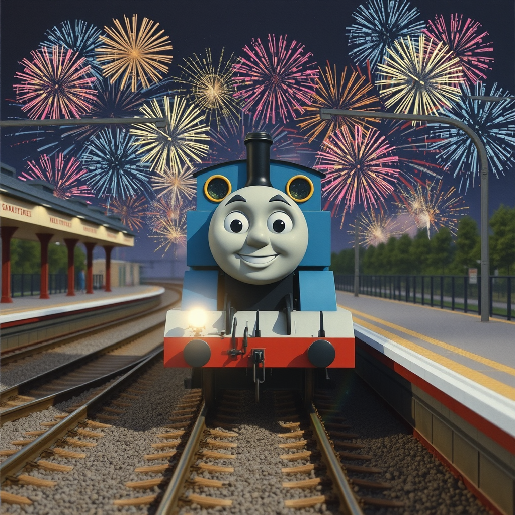 blue train thomas smiling night fireworks