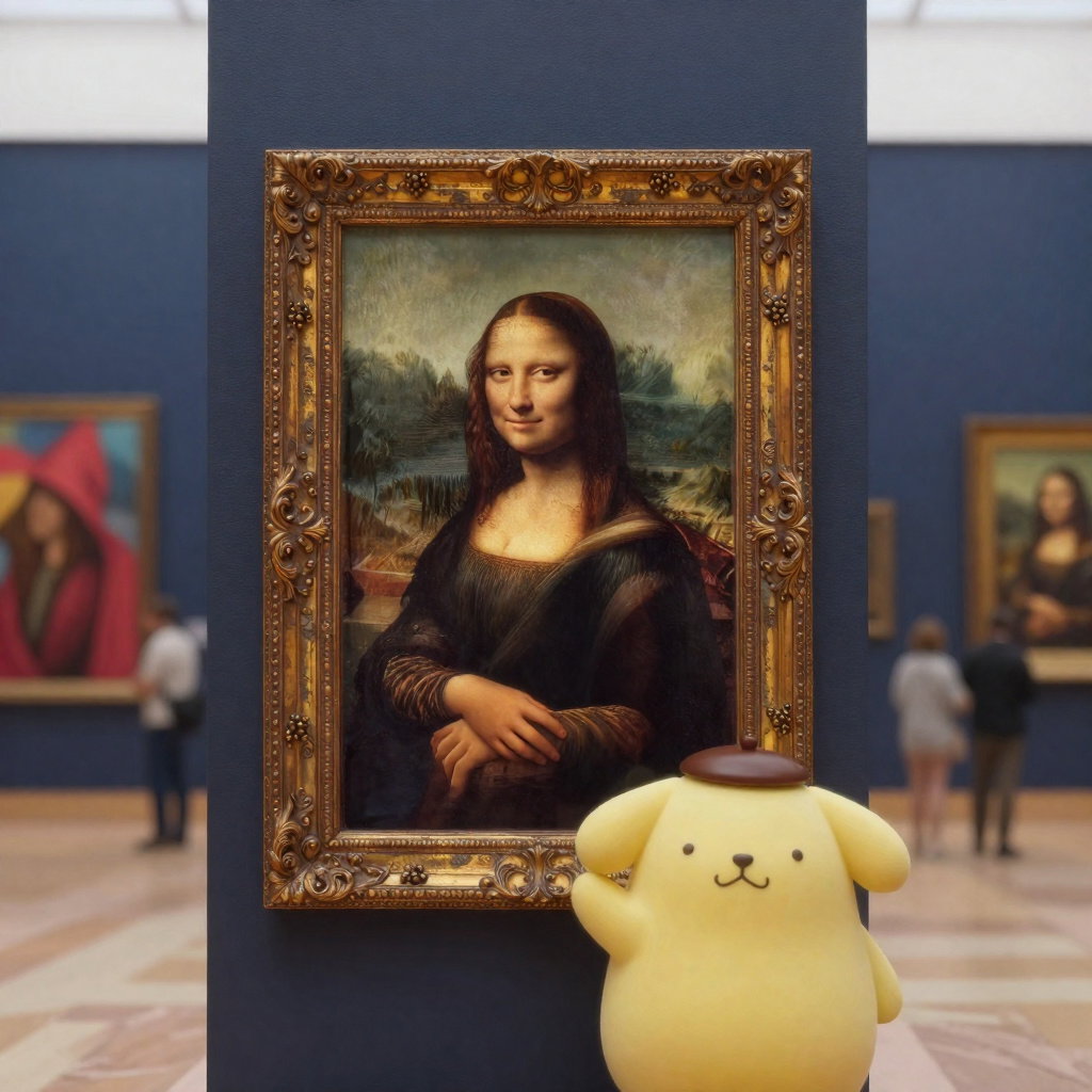 pompompurin admires mona lisa in pixar render