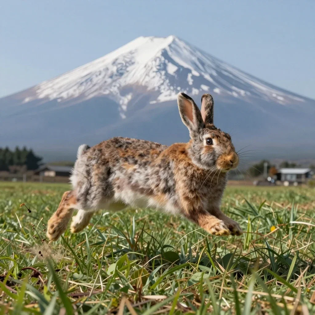 rabbit leaping mount fuji meadow sun