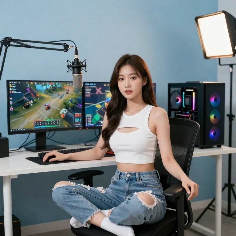 korean female streamer gaming setup