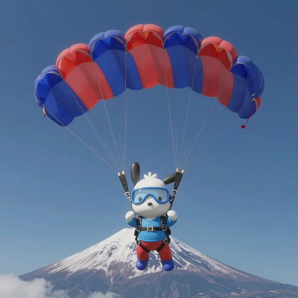 pochacco skydiving with parachute mount fuji