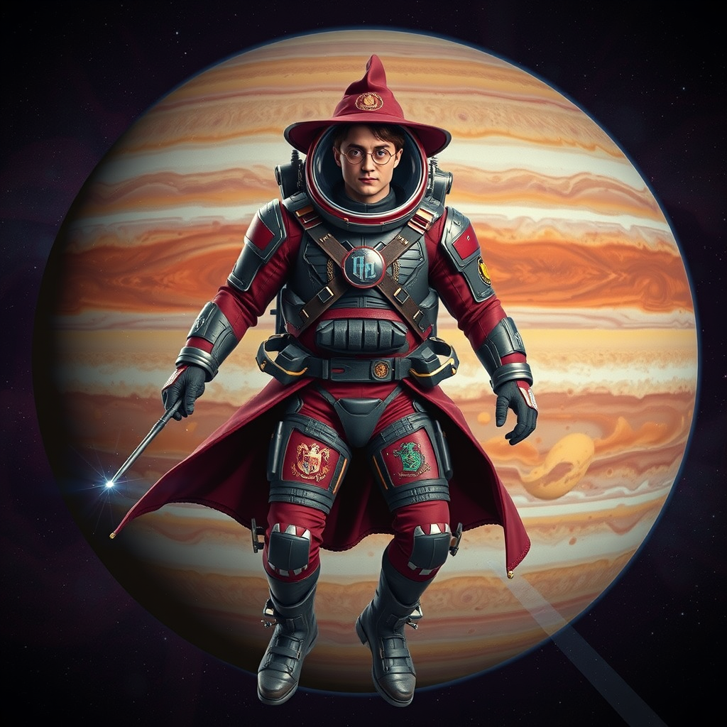 harry potter space suit magic wand jupiter background