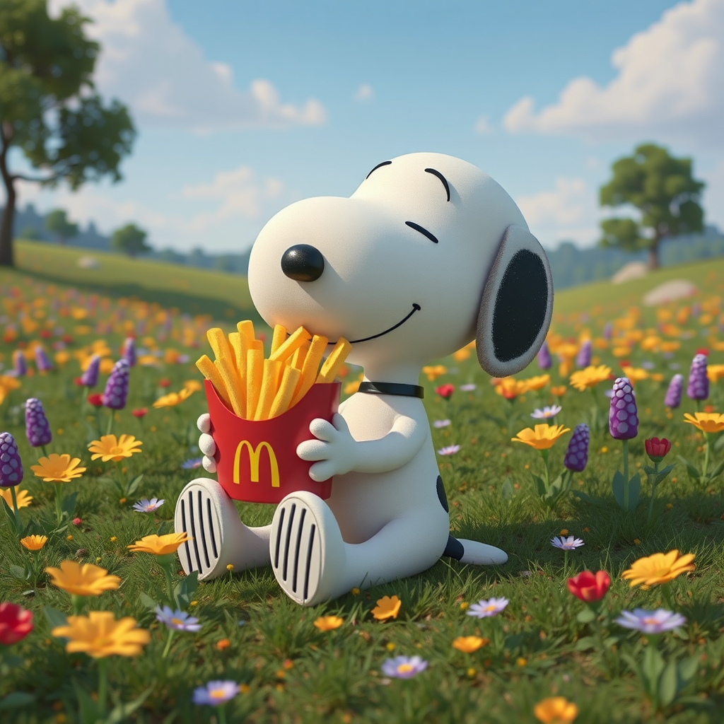 pixar snoopy eating fries meadow cinematic