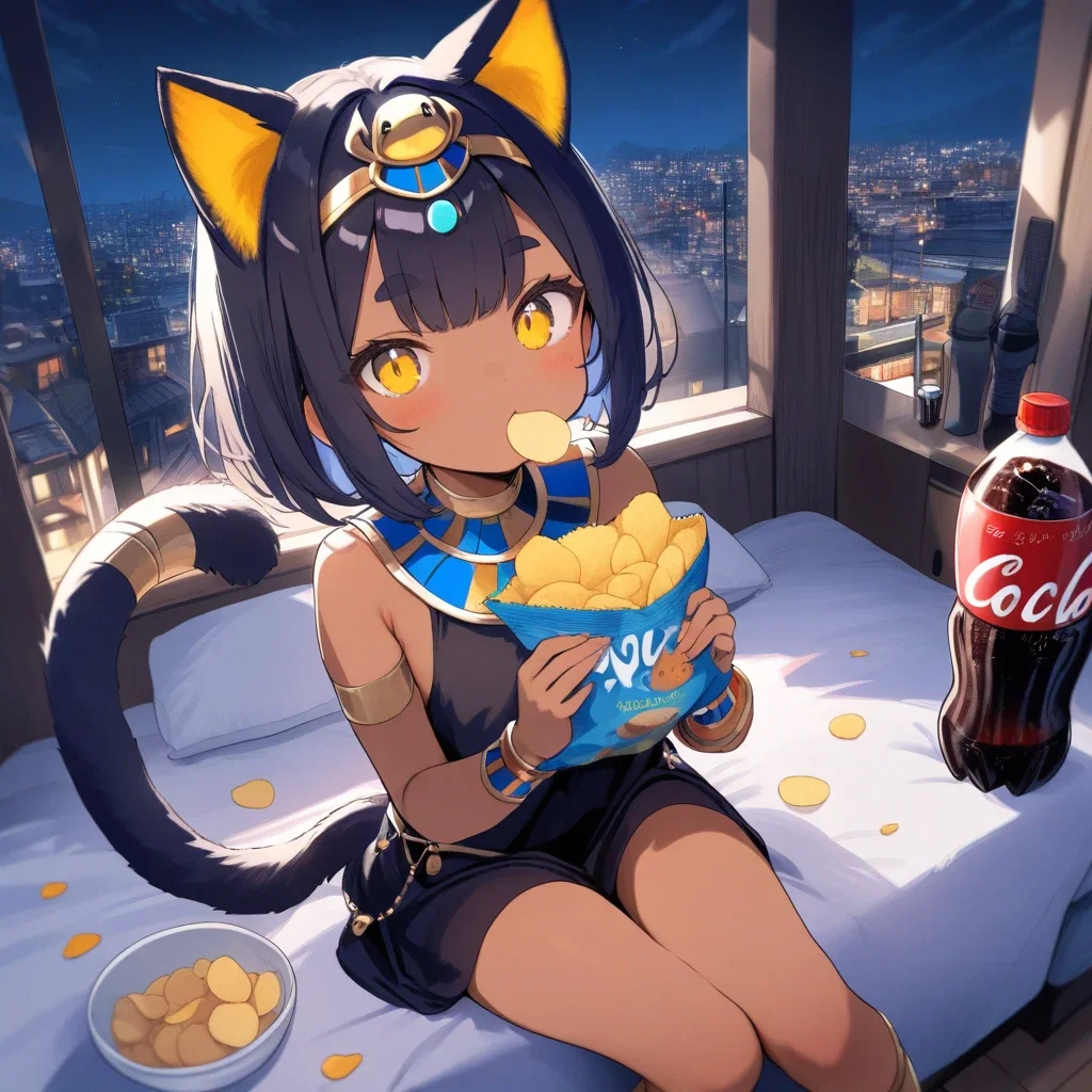 ancient egyptian cat girl eating chips in bedroom