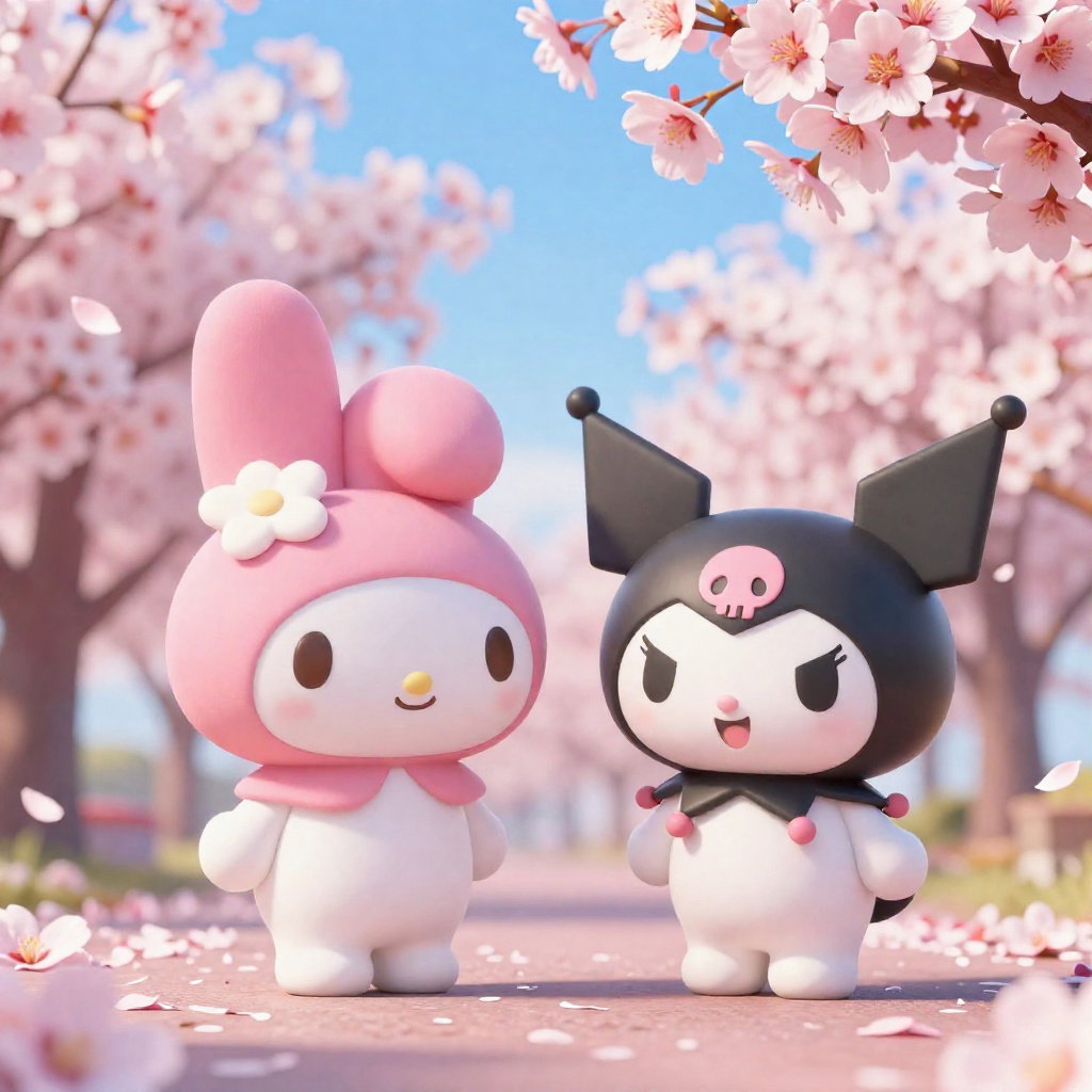 pixar style 3d rendering of my melody and kuromi strolling under cherry blossoms