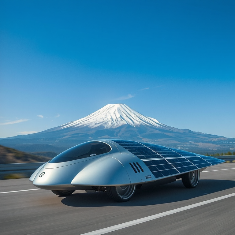 silver solar race car mount fuji backdrop