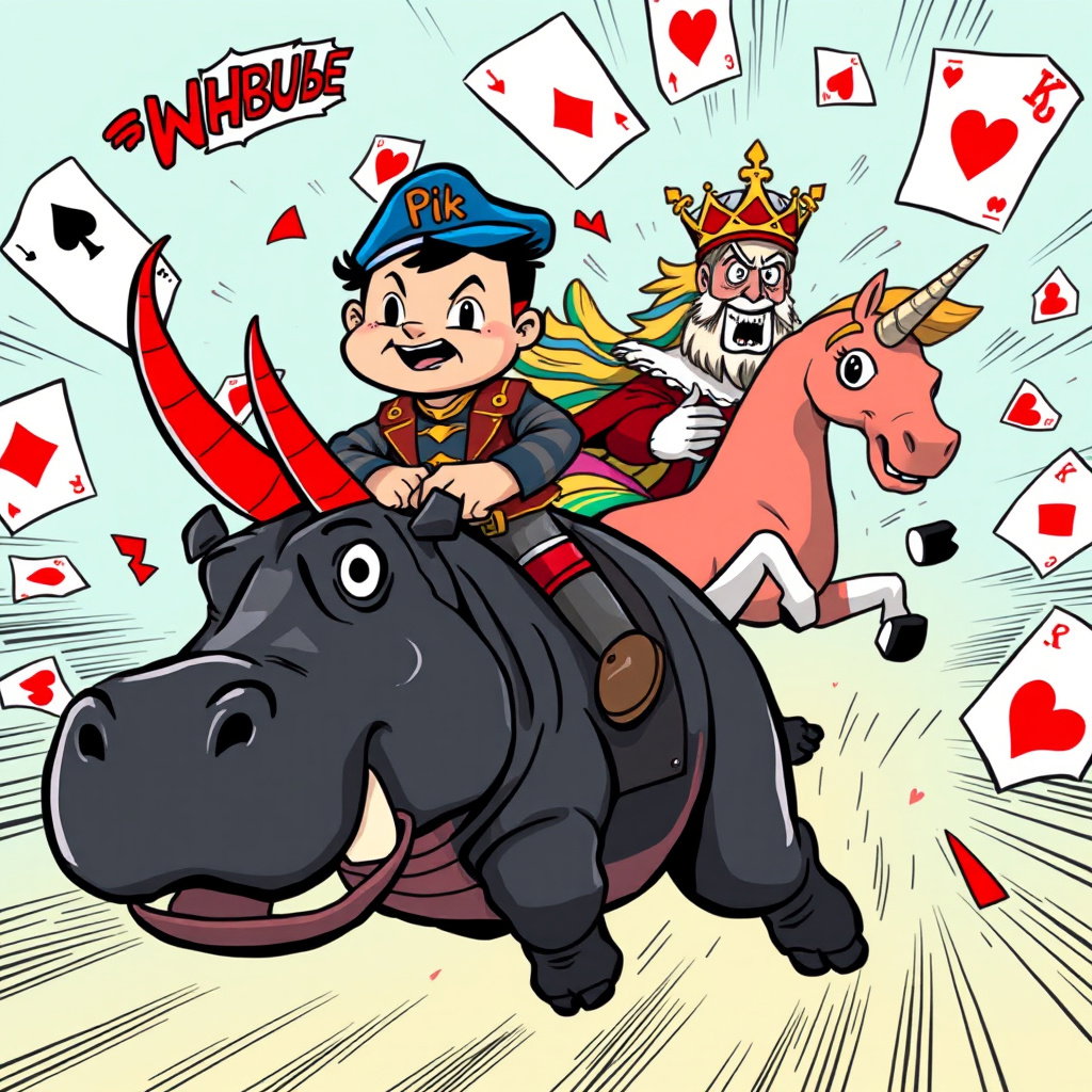 pik bube rides hippopotamus king hearts chases