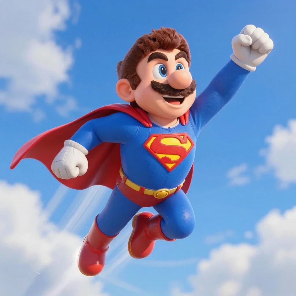 mario as superman flying in sky