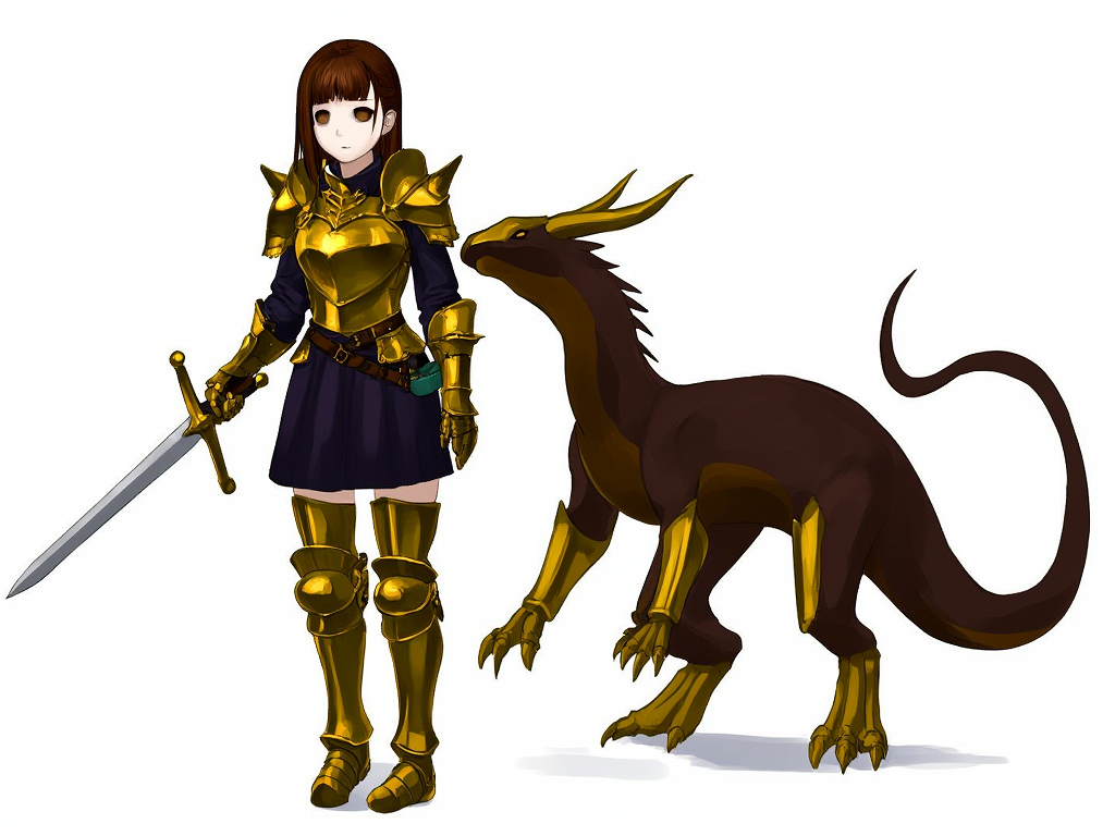 fourteen year old girl with gold armor and dragon