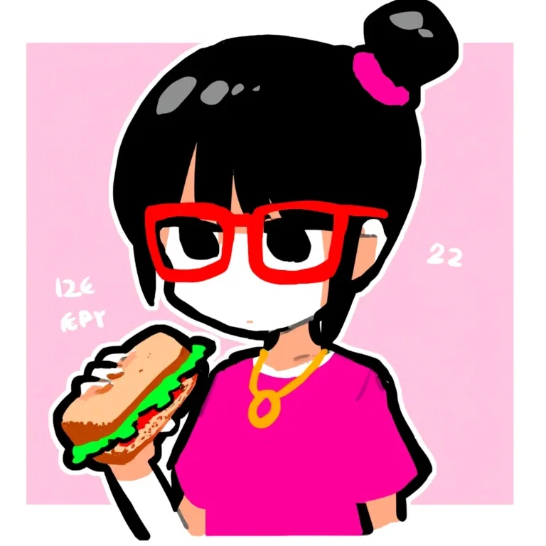 anime girl with black hair red glasses sandwich
