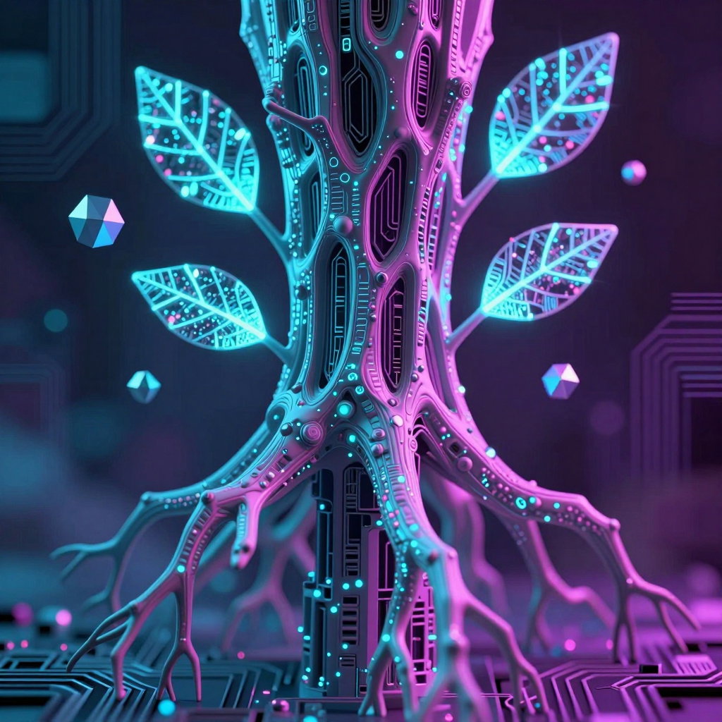 glitch art biomechanical sculpture crystalline roots neon fractal bark