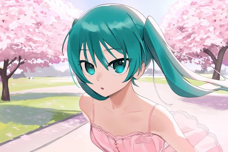 blue green haired girl in park with cherry blossoms