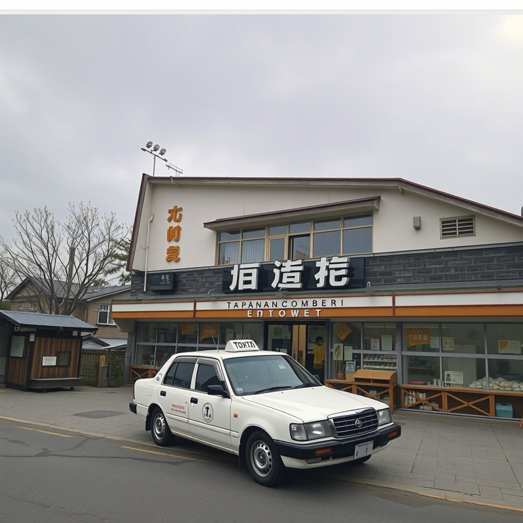 white toyota crown taxi japanese senbei shop