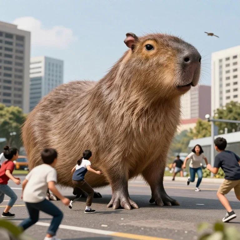 giant capybara destroying city frightened humans flee