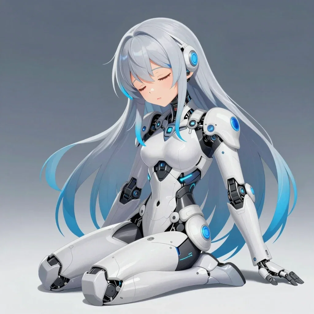 cute cyborg warrior sleeping ethereal silver hair