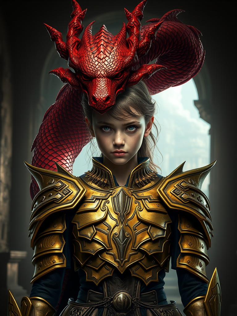 young girl golden armor dragon serpent ruins