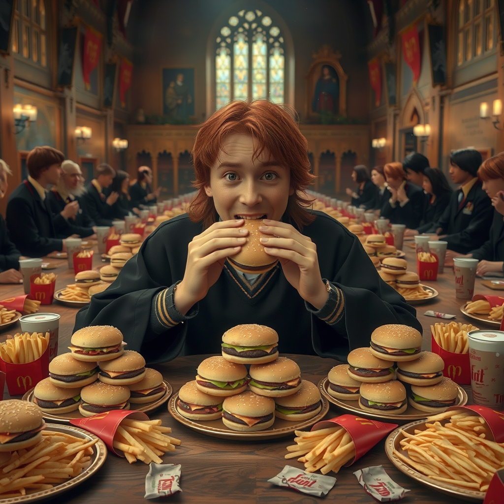 ron weasley eating big macs hogwarts great hall