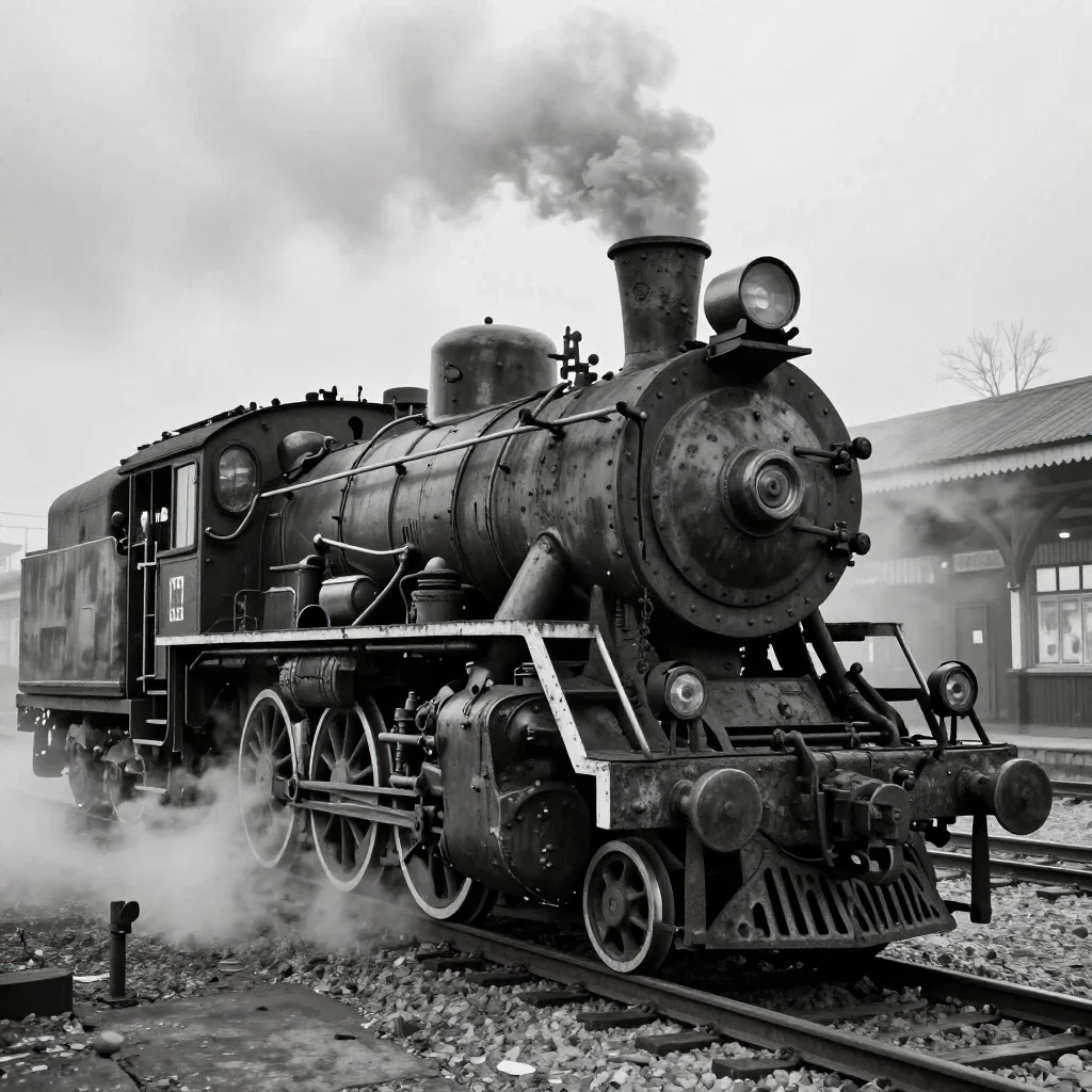 antique steam locomotive billowing smoke foggy station