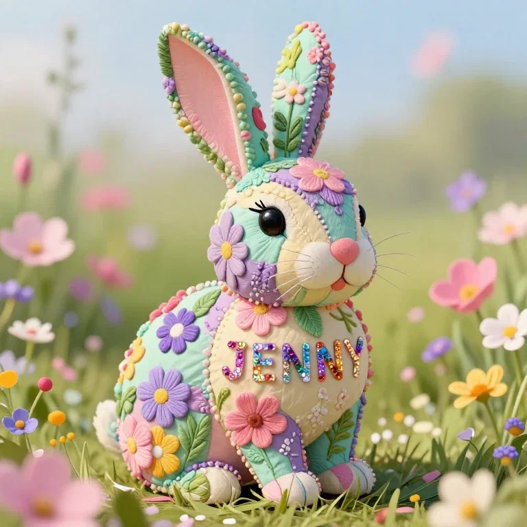 whimsical patchwork easter bunny artwork
