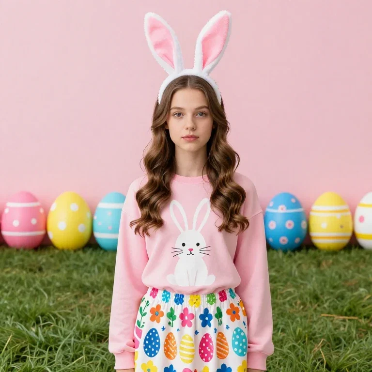 young woman in easter outfit with bunny ears