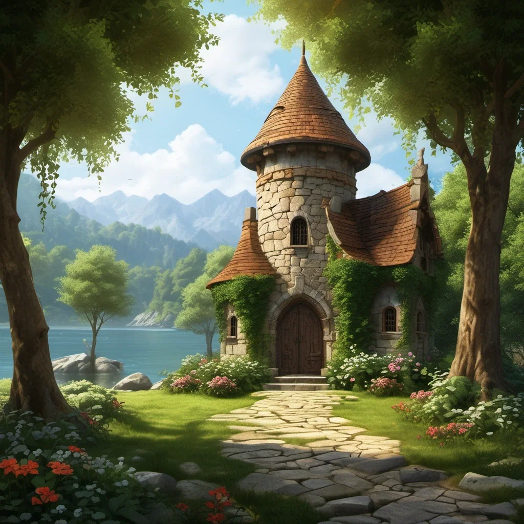 fantasy realistic mages tower river clearing