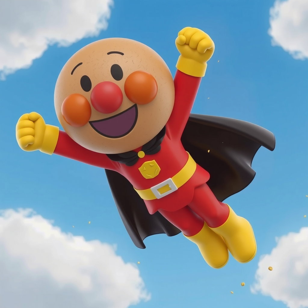 anpanman flying with breadcrumbs at sunset