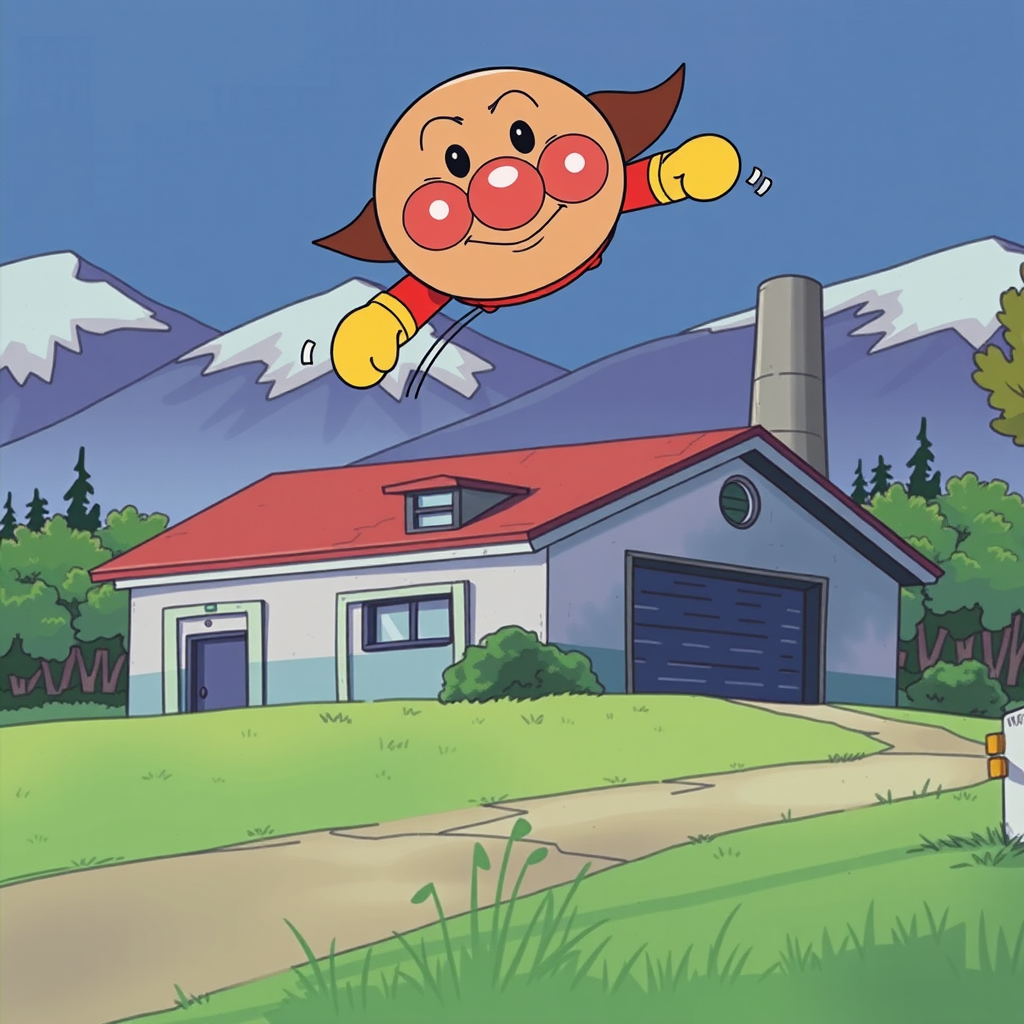 anpanman flying high in red clothing