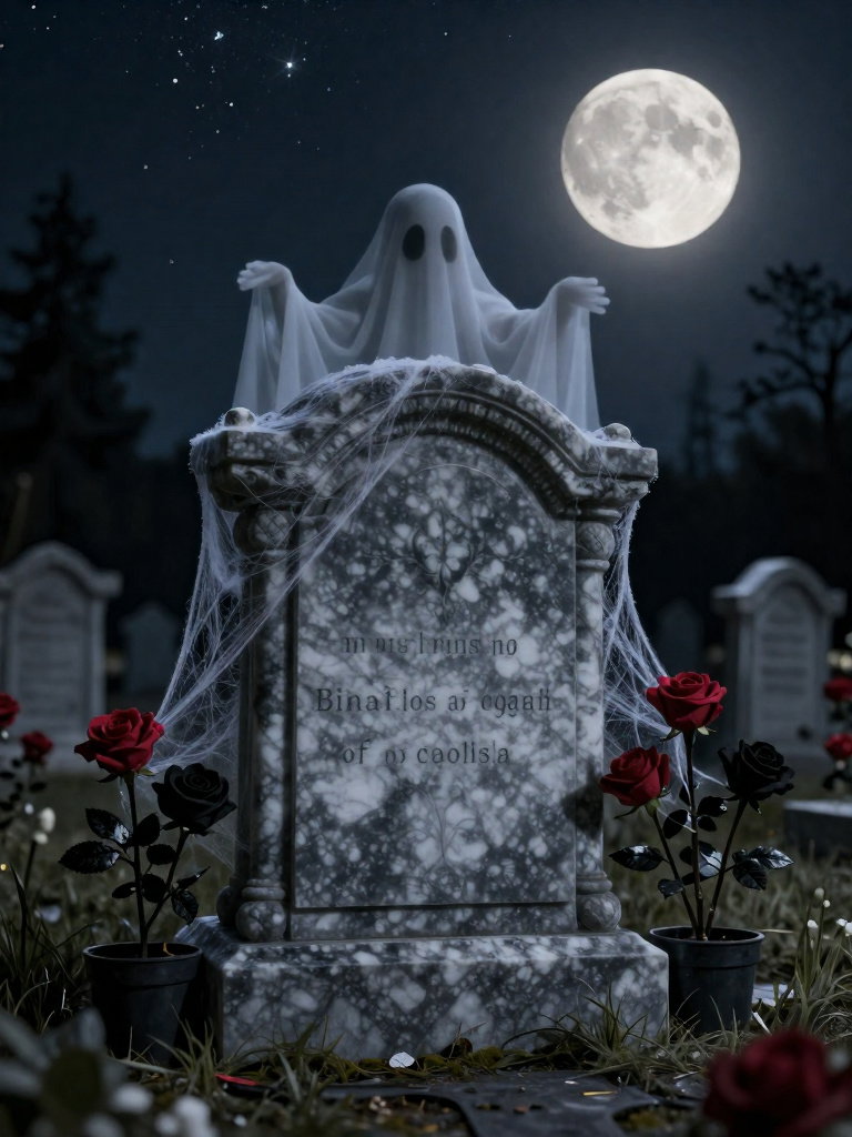 gray marble tomb cemetery night ghost emerging