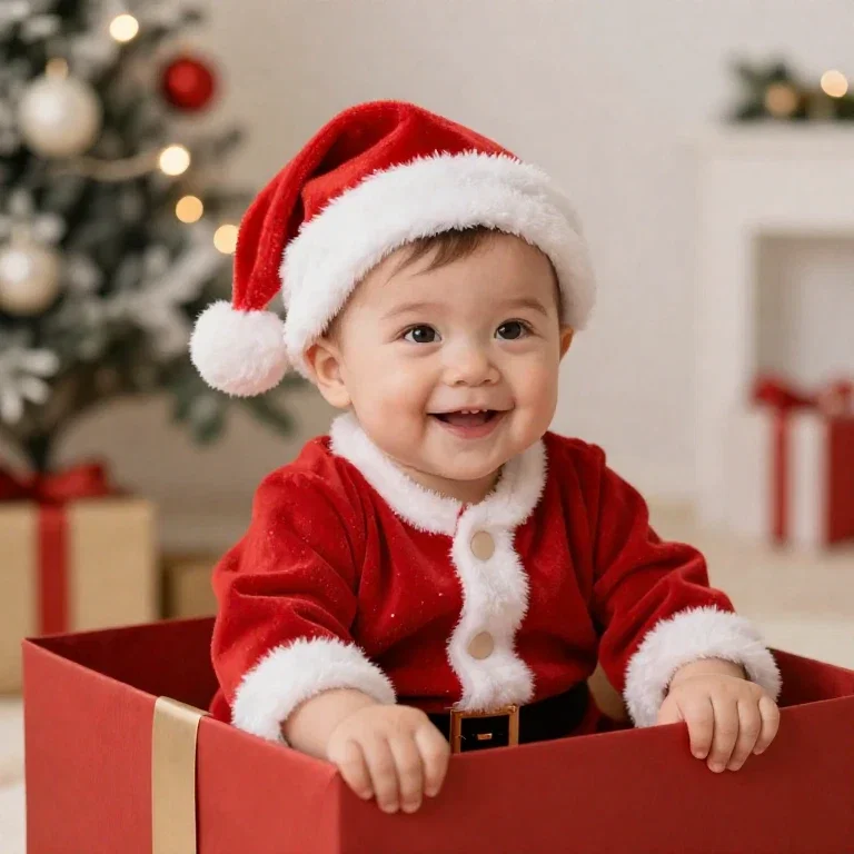 cute baby santa smiling in gift box