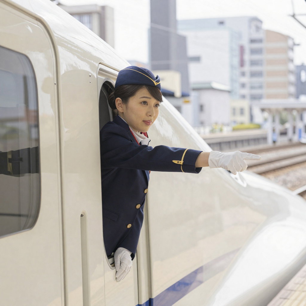 japanese female train conductor shinkansen uniform platform