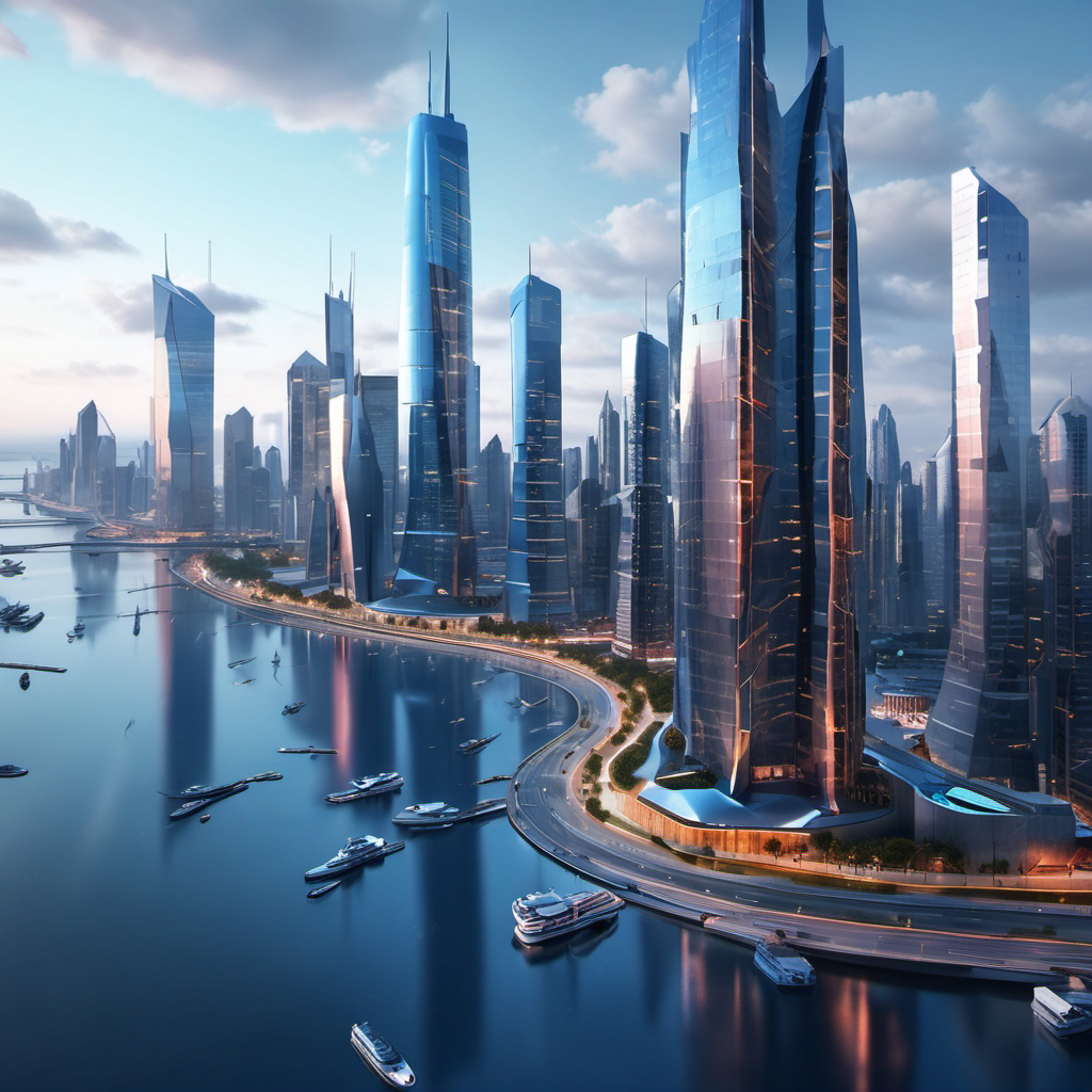 futuristic skyscrapers bay daylight detailed photorealism