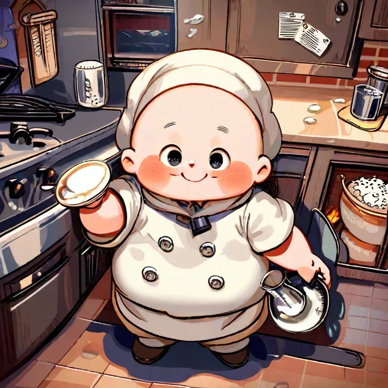 chubby boy cook kitchen mess cat