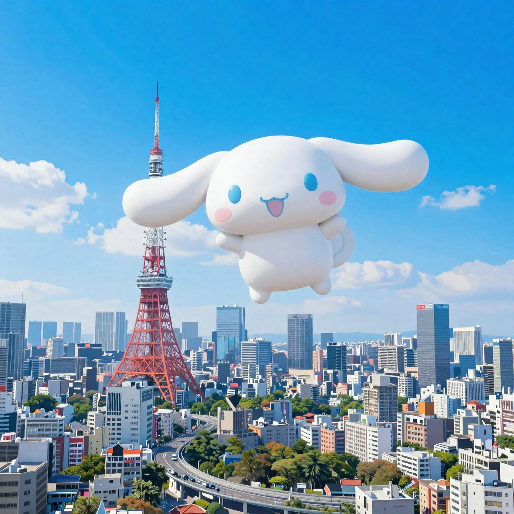 pixar style flying cinnamoroll tokyo skyline