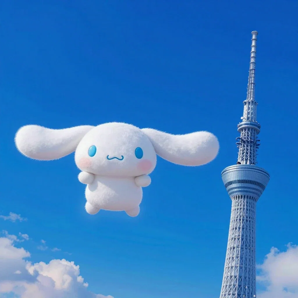 cinnamoroll flying over tokyo skyline at dusk