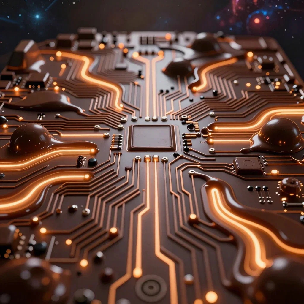 hyperrealistic chocolate circuit board cosmic background
