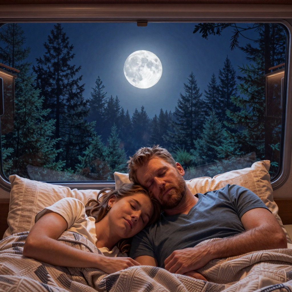 cozy couple sleeping in modern rv under moonlight