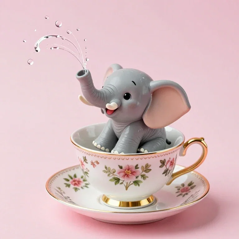cute baby elephant in teacup spraying water